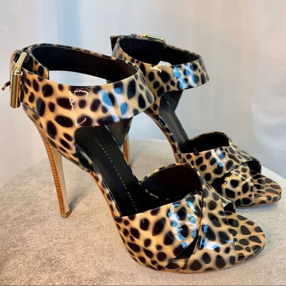 Giuseppe Zanotti Leopard cheetah animal print patent high heel sandals Sz 38.5 - Picture 3 of 13
